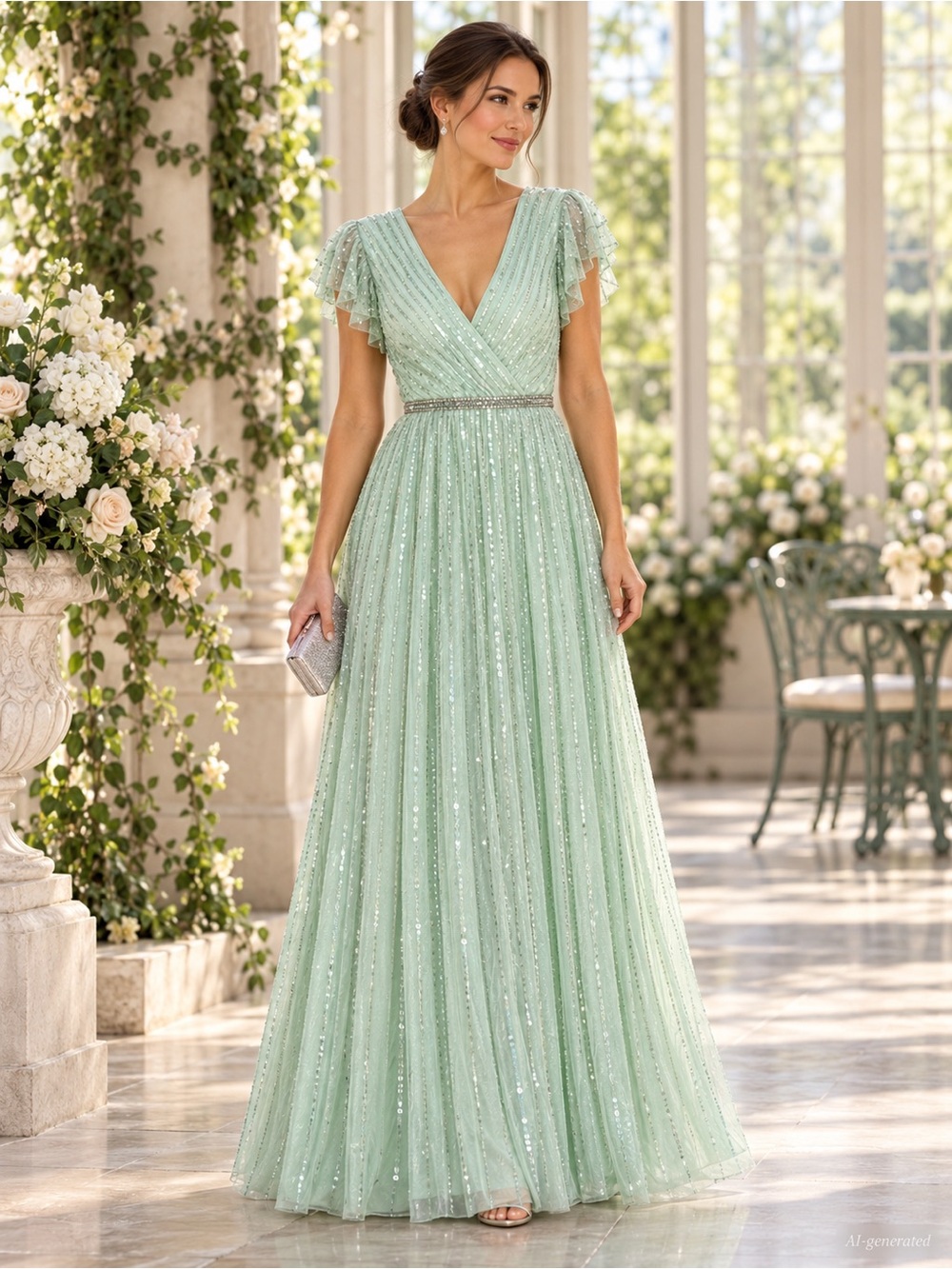 Mac Duggal 5502 Mint Sequin Flutter Sleeve A-Line Gown NWT